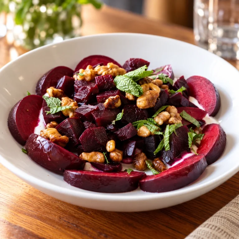 Beet salad with walnuts and fresh herbs in a white bowl