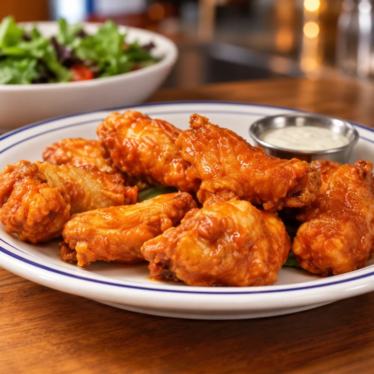 Glazed chicken wings on a white plate with dipping sauce