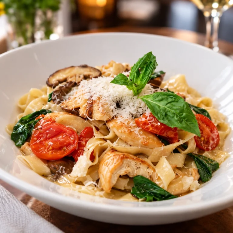 Fettuccine with tomatoes, mushrooms, grated cheese and basil in a white bowl