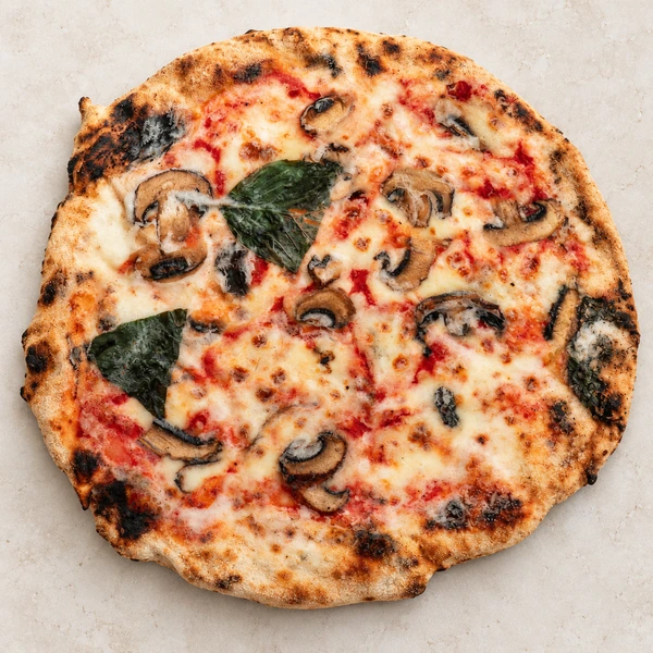Focaris mushroom frozen pizza with tomato sauce, homemade mozzarella and basil