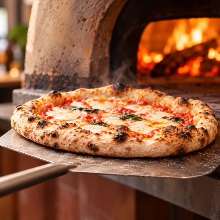 Neapolitan pizza with mozzarella and tomato on a pizza peel in front of an oven