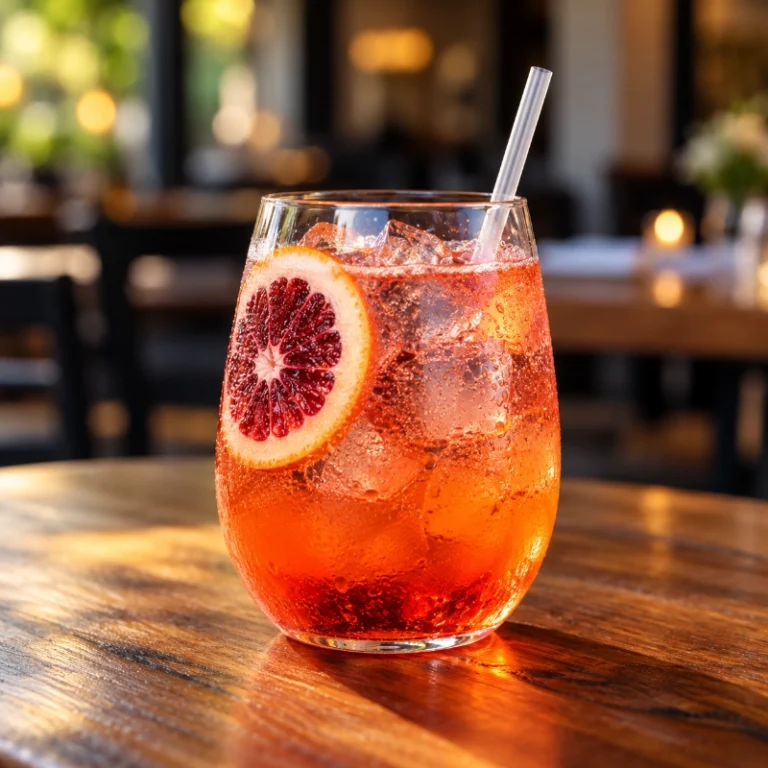 Orange cocktail with ice and a blood orange slice on a wooden table